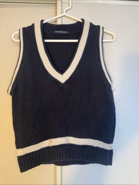 Brandy Melville Navy V-Neck Sweater Vest with Cream Trim